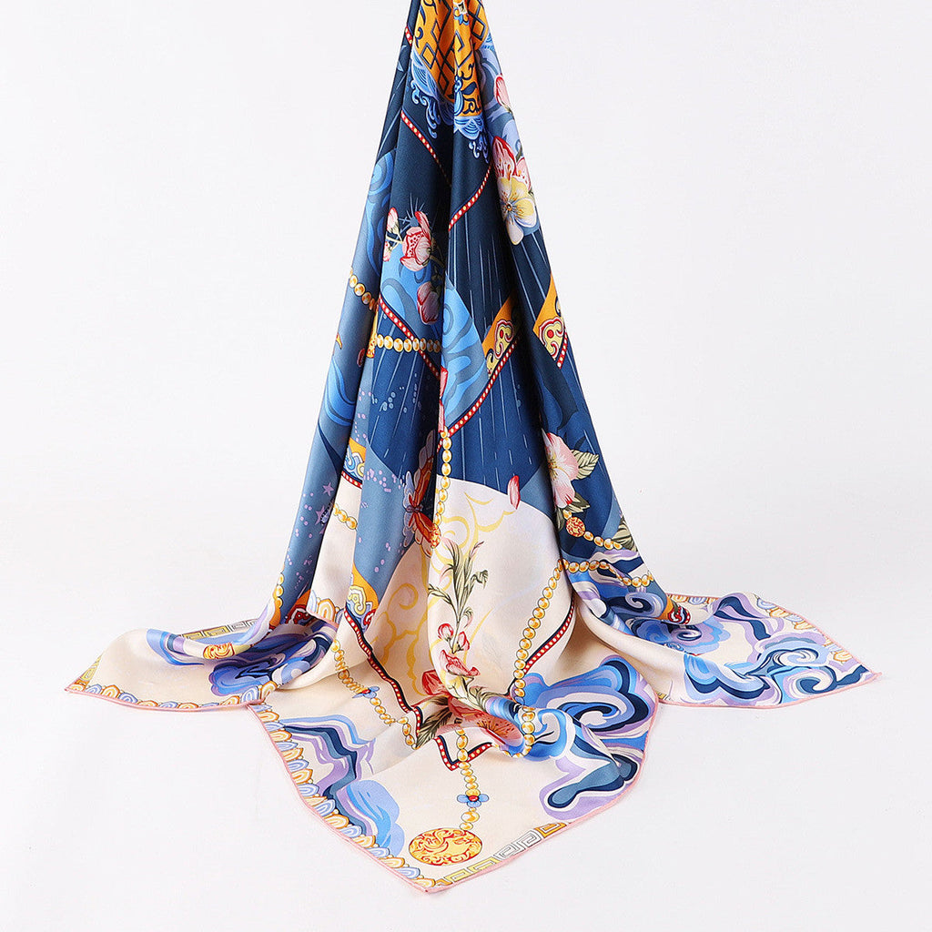 Satin silk square scarf with printed decorative edges