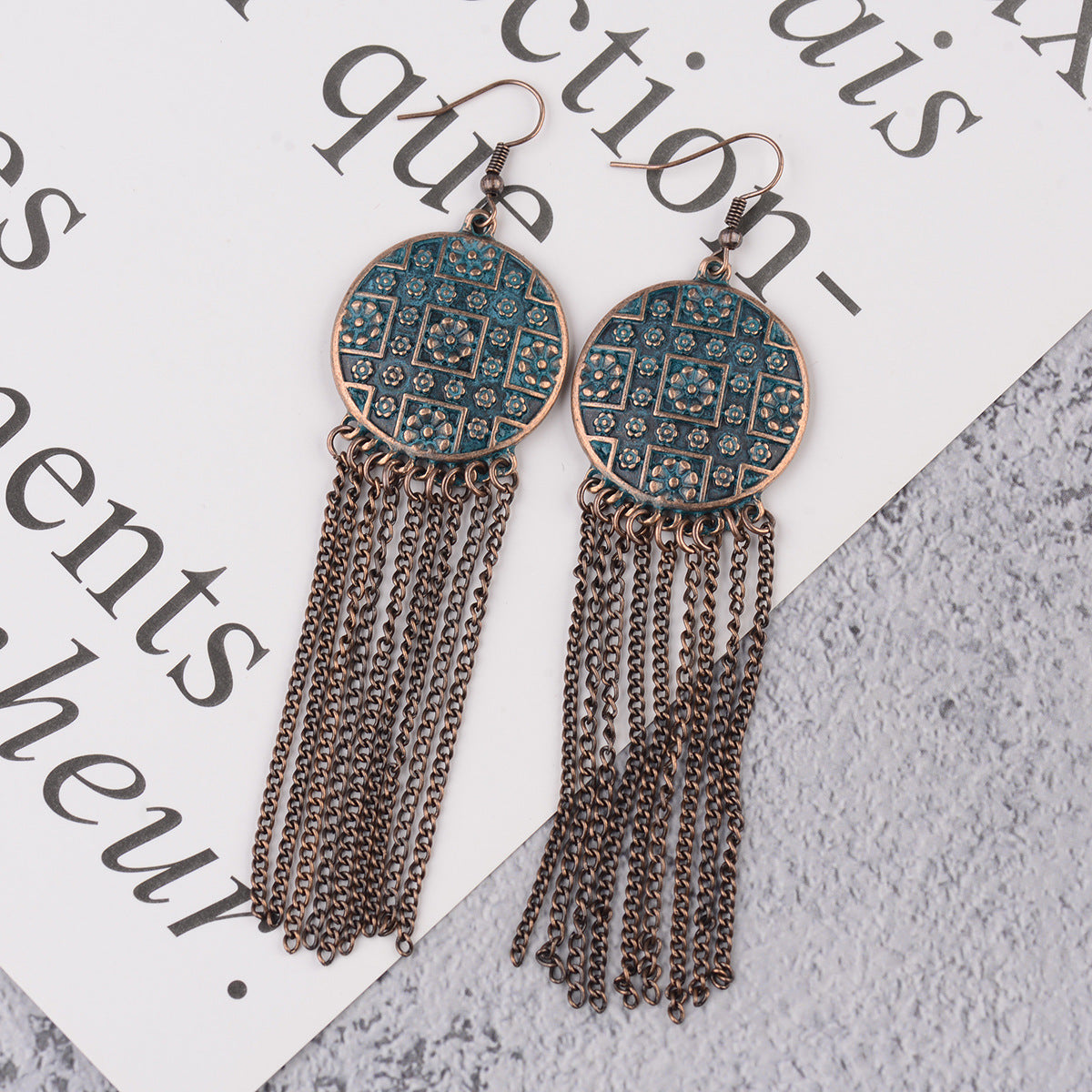 Chinese Retro Ethnic Style Exaggerated And Personalized Totem Pattern Creative Alloy Long Fringe Earrings