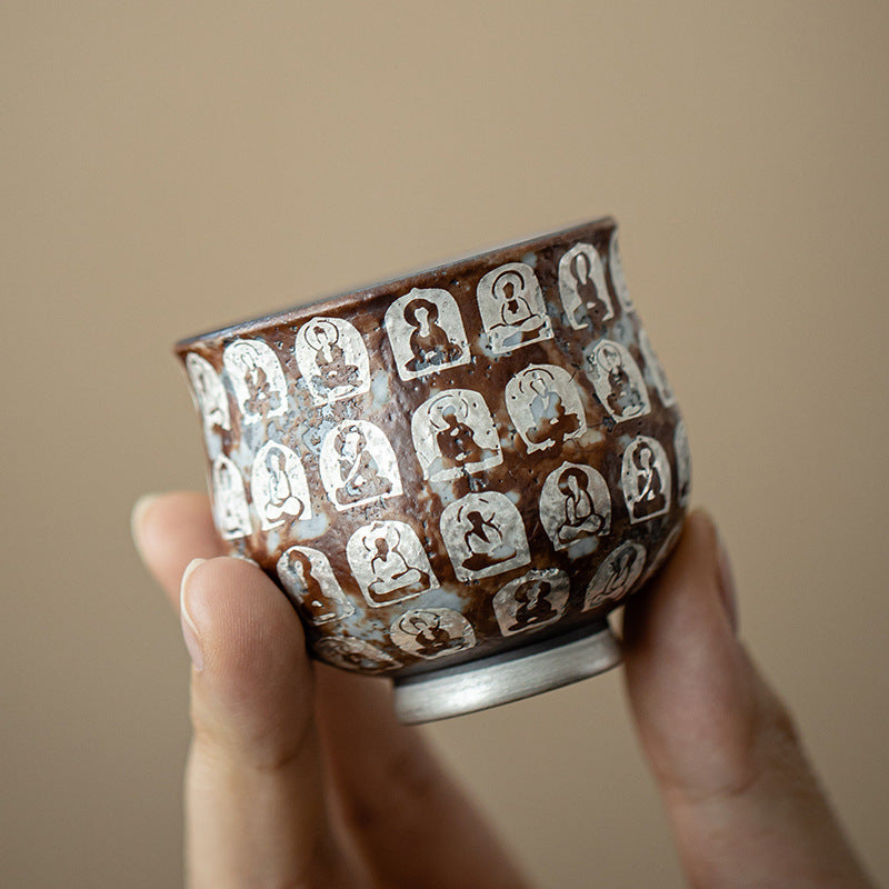 Old Rock Clay Buddha Silver Plated Tea Cup