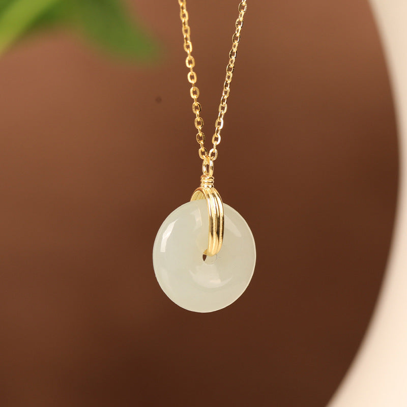 Retro Compact Peace Buckle Necklace Fashion Lady Round Jade Pendant Temperament Clavicle Chain S925 Silver Necklace Women