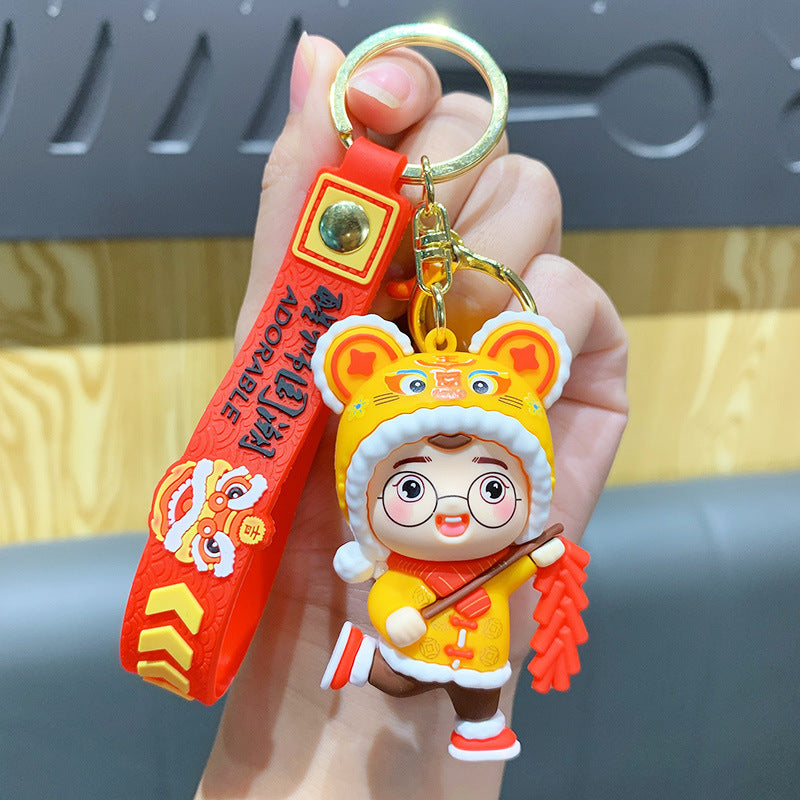 Chinese New Year Lantern Firecracker Cute Tiger Head Doll Keychain