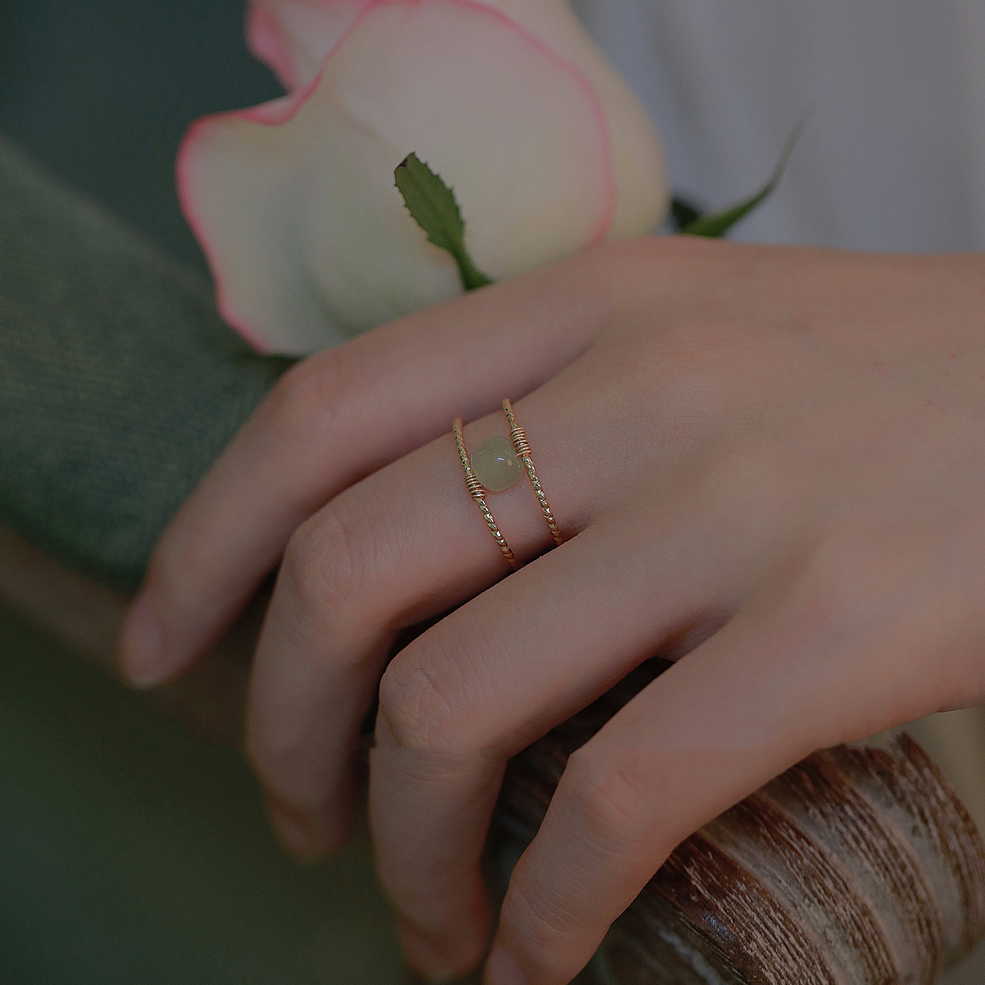 Vintage Pearl Hetian Jade Double Layer Adjustable Ring