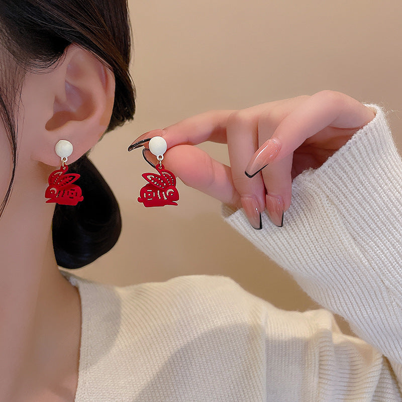 Zodiac Year Paper-cut Red Rabbit Earrings