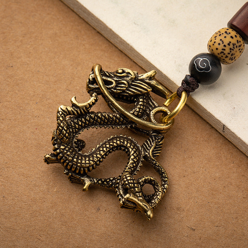 Vintage Pure Copper Domineering Golden Chinese Dragon Car Keychain