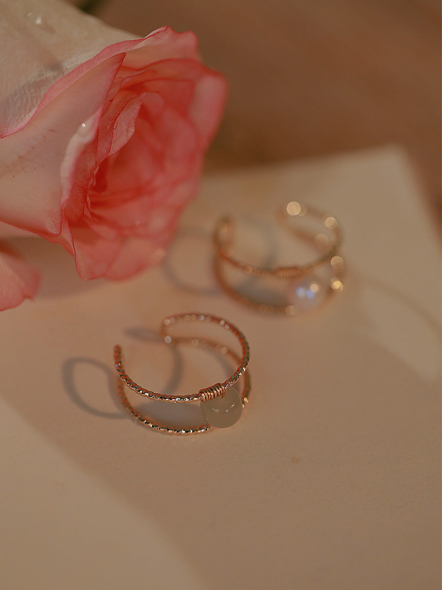 Vintage Pearl Hetian Jade Double Layer Adjustable Ring