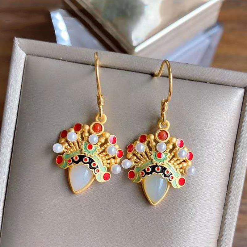 Inlaid White Jade Peking Opera Facial Makeup Earrings