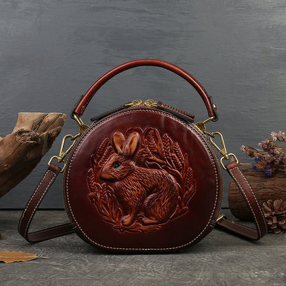 Ethnic Style Small Round Bag Head Layer Cowhide One Shoulder Crossbody