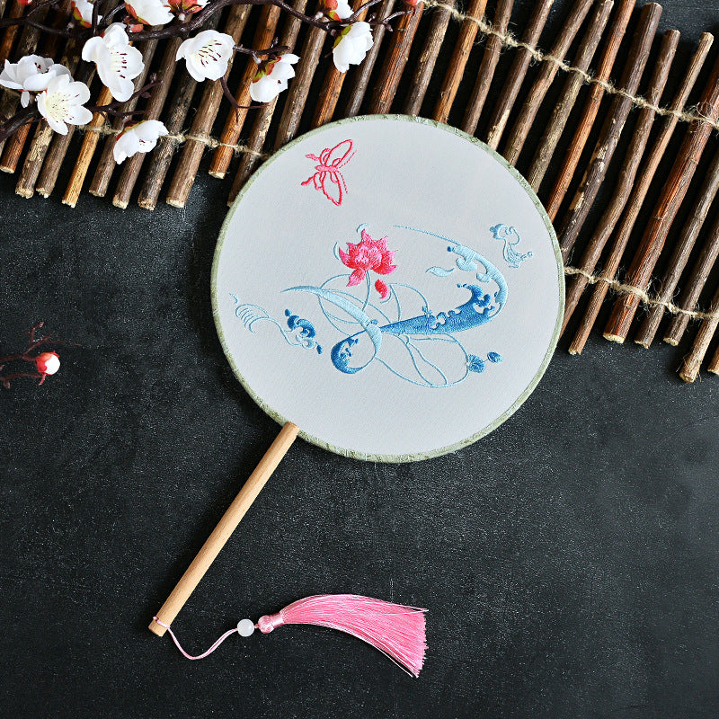 Chinese Style Embroidery Long Handle Fan Hanfu Double-sided Antique Gift Photo Matching Props