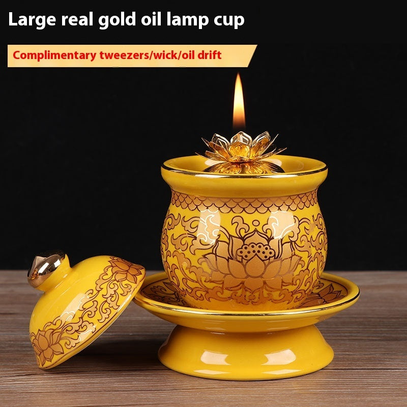 Ceramic Oil Lamp for Home Use in front of Buddha