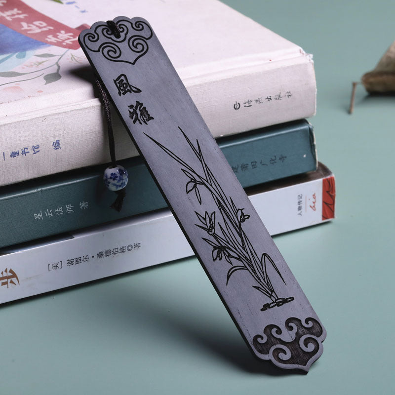 Four Gentlemen with Chinese Painting Solid Wood Engraving Bookmark
