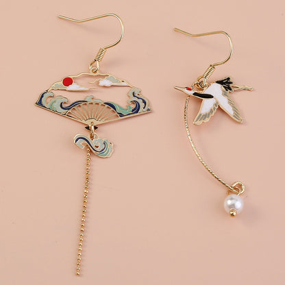 Fashion creative wild earrings temperament color dripping oil crane long asymmetric earrings