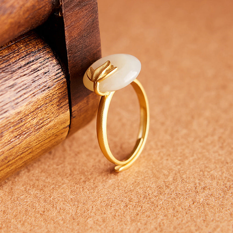 Chinese Style Hetian White Jade Peace Buckle Ring