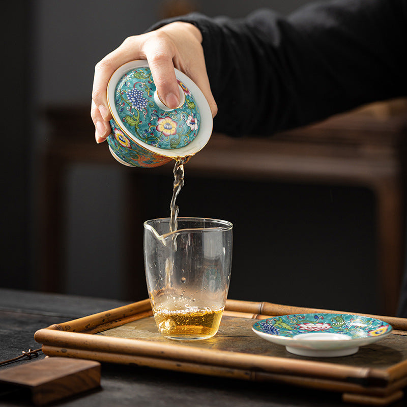 Enamel Ceramic Gaiwan Dragon And Phoenix Tea Cup