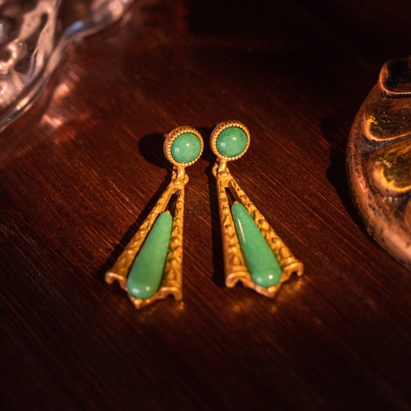 Medieval Retro Grandmother Green Stone Fan-shaped Brooch 925 Stud Earrings Suit