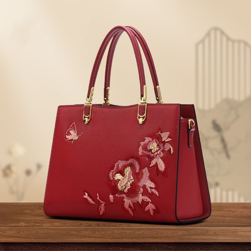 Chinese Peony Butterfly Leather Fashion Large Capacity Precision Embroidery Texture Bag