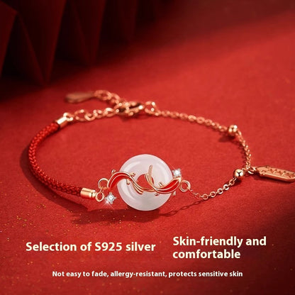 Landing Koi Hetian Jade Safety Buckle Bracelet S925 Sterling Silver Red Rope Animal Year Lucky Bead