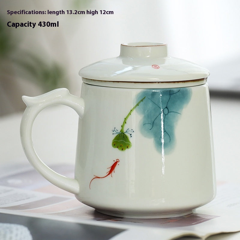 White Porcelain Celadon Household Hand-painted Filtered Tea Cup With Lid