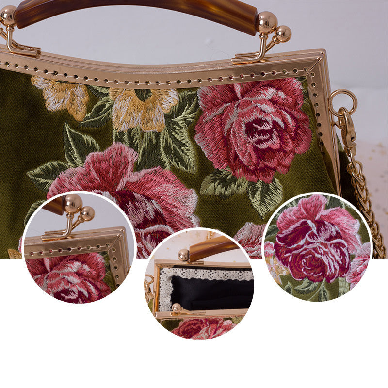 Chinese cheongsam elements retro style rose embroidery fashion shoulder bag