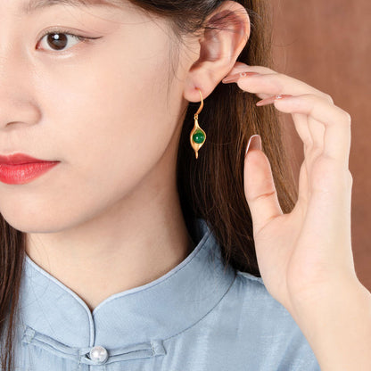 Chinese Female Temperamental Earrings Green Agate Retro