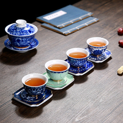 Vintage Chinese Blue and White Porcelain Ceramic Coaster Teacup Set-1