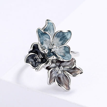 Simple Chinese Style Splash Ink Effect Epoxy Inlaid Zircon Retro Flower Ring For Women