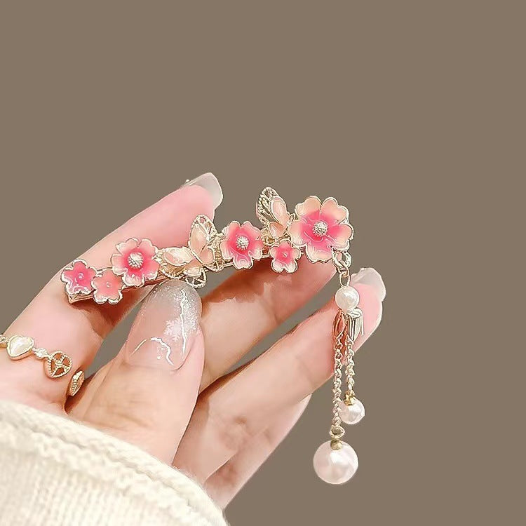 Super Fairy Cherry Blossom Pansy Pearl Tassel Hairpin Ancient Style Female Side Fringe Headdress Duckbill Clip