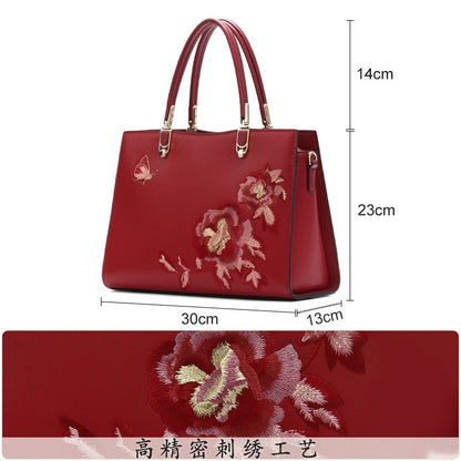 Chinese Peony Butterfly Leather Fashion Large Capacity Precision Embroidery Texture Bag