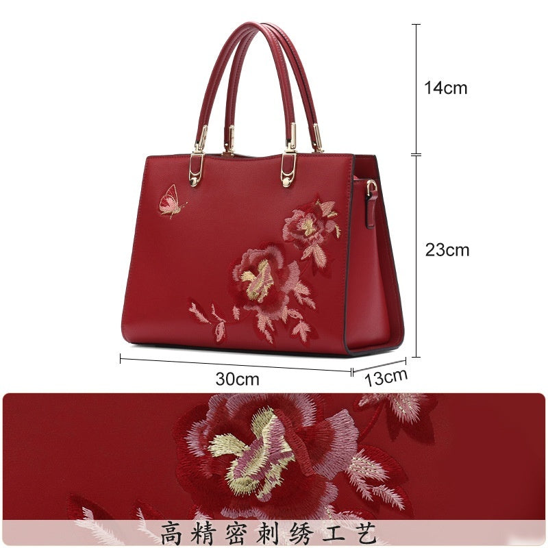 Chinese Peony Butterfly Leather Fashion Large Capacity Precision Embroidery Texture Bag