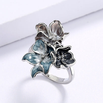 Simple Chinese Style Splash Ink Effect Epoxy Inlaid Zircon Retro Flower Ring For Women