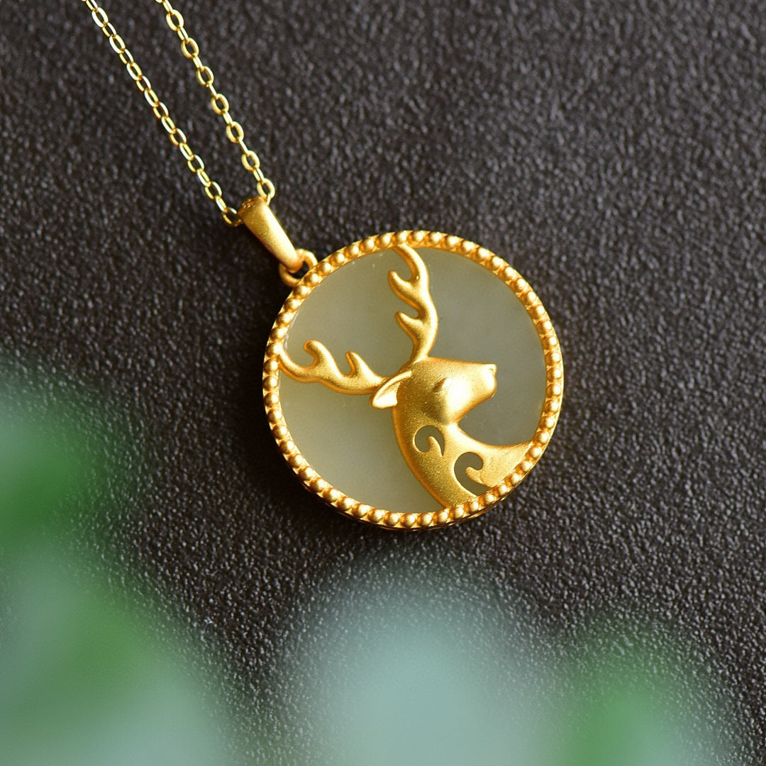 A Natural Hetian Jade Deer Round Pendant Set In Antique Gilt