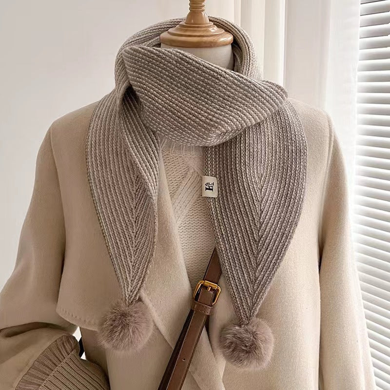 New Style Knitted Wool Ball Striped Scarf For Women