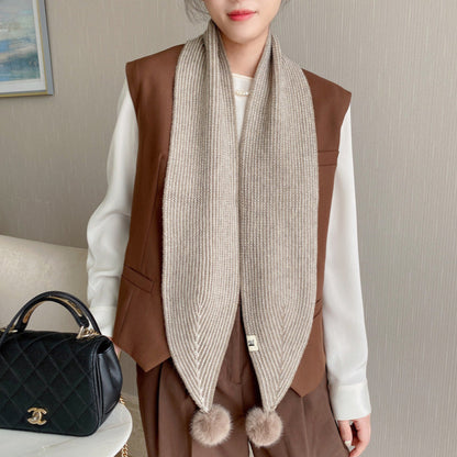 New Style Knitted Wool Ball Striped Scarf For Women