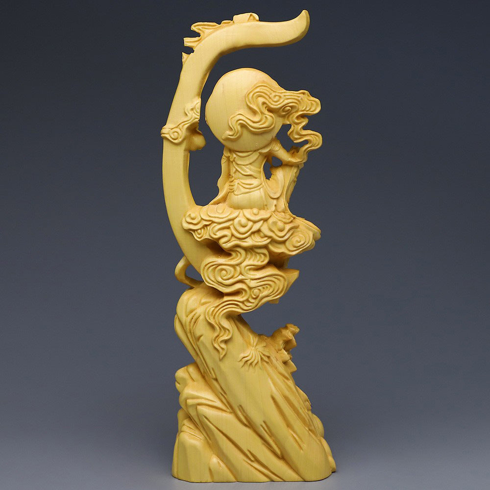 Boxwood Wood Carving Sun and Moon Bodhisattva Home Decoration