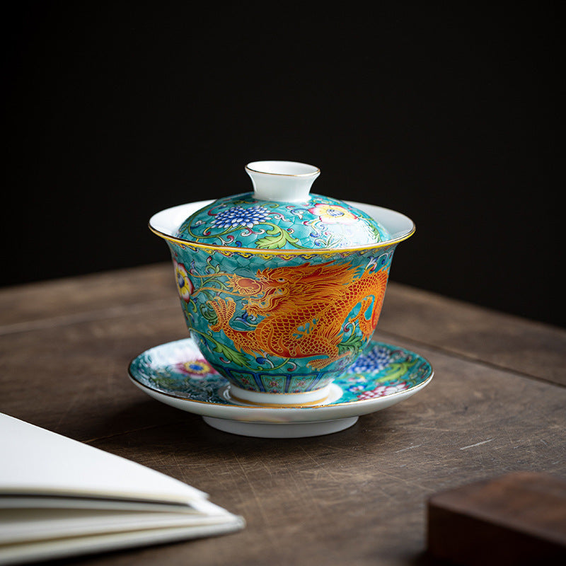 Enamel Ceramic Gaiwan Dragon And Phoenix Tea Cup