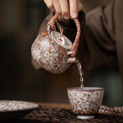 Old Rock Clay Flowers Silver Gilded Rattan Loop-handled Teapot Retro Domestic Teapot Single Teapot Kung Fu Tea Set