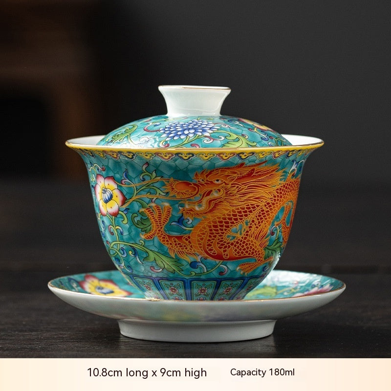 Enamel Ceramic Gaiwan Dragon And Phoenix Tea Cup