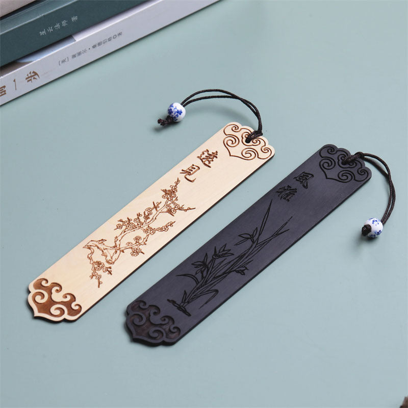 Four Gentlemen with Chinese Painting Solid Wood Engraving Bookmark
