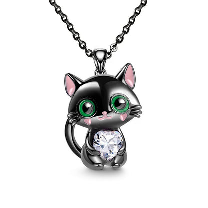 Black Cat Necklace Red Blue Purple White Heart Rhinestone Kitty Pendant Sweater Chain Necklaces