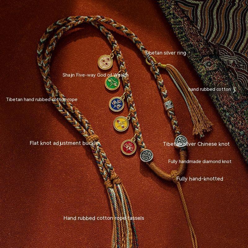 Handmade Braided Pendant Rope Five Gods of Wealth Necklace Rope Tibet Beads