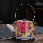 Enamel Painted Teapot Vintage Household Peony Ring Handle Teapot