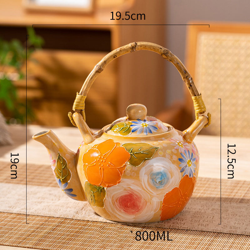 Elegant Lifting Handle Household Ceramic Underglaze Teapot Suit Hand Painted Good-looking Retro Water Glass