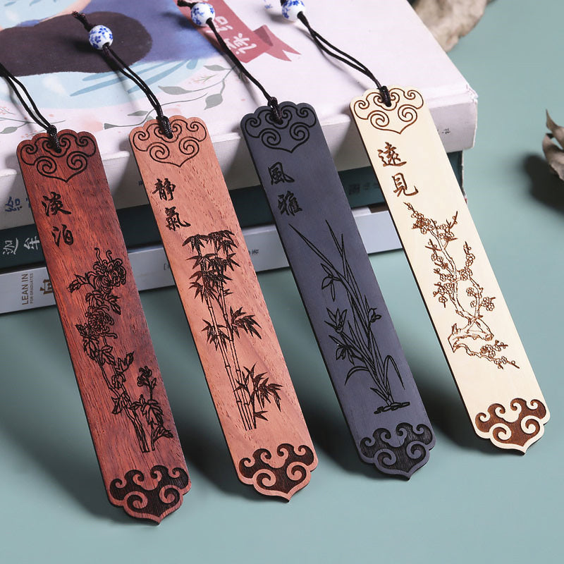 Four Gentlemen with Chinese Painting Solid Wood Engraving Bookmark