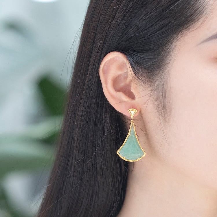 Exaggerated Fan Shaped Green Aventurine Geometric Earrings Women