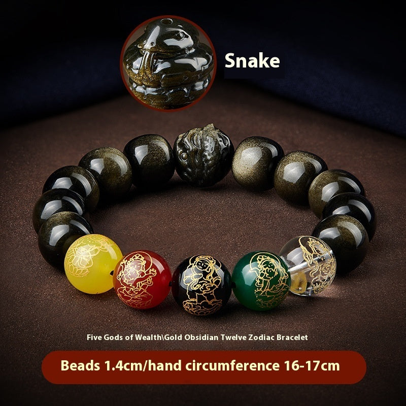 Five Gods Of Wealth Lucky Beads Bracelet Zodiac Gold Obsidian Handheld Rosary