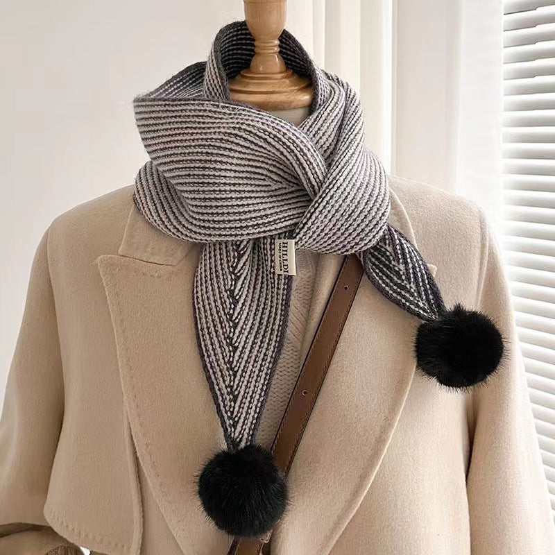 New Style Knitted Wool Ball Striped Scarf For Women