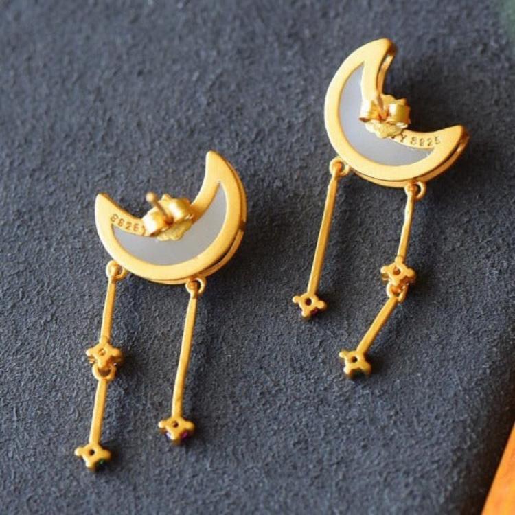Star and Moon Stud Earrings with Hetian Jade Accent for Women