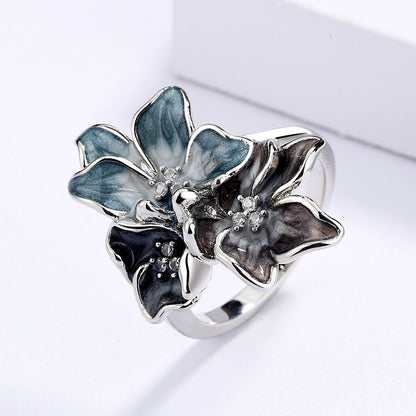 Simple Chinese Style Splash Ink Effect Epoxy Inlaid Zircon Retro Flower Ring For Women