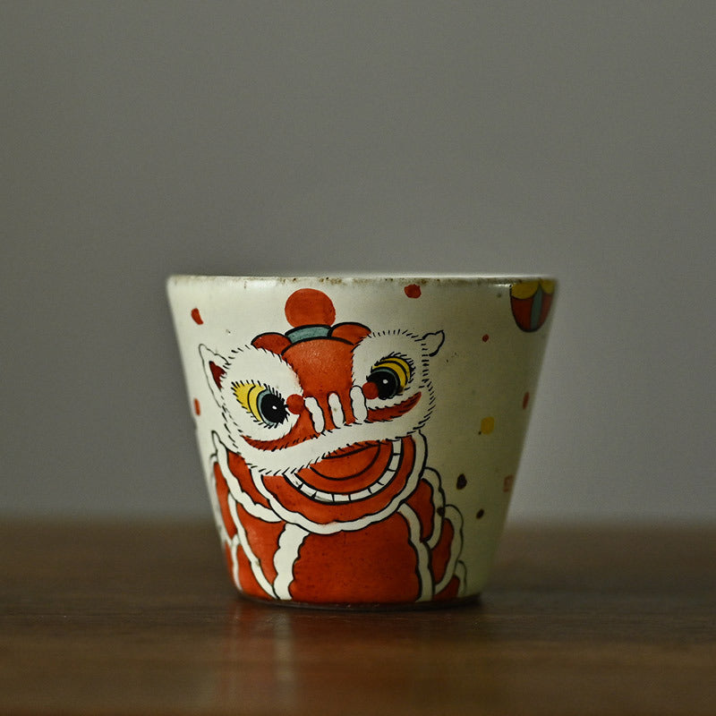 Vintage Rough Pottery Hand Painted Lion Happy Lion Master Cup Teacup