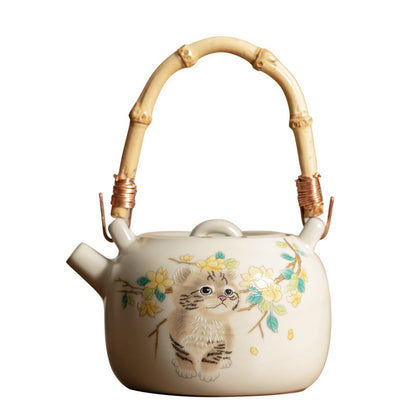 Ru Kiln Ceramic Teapot Cute Cat Bunny Ring Handle Teapot