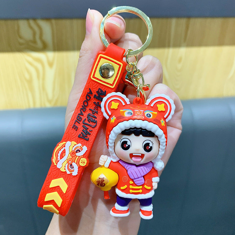 Chinese New Year Lantern Firecracker Cute Tiger Head Doll Keychain